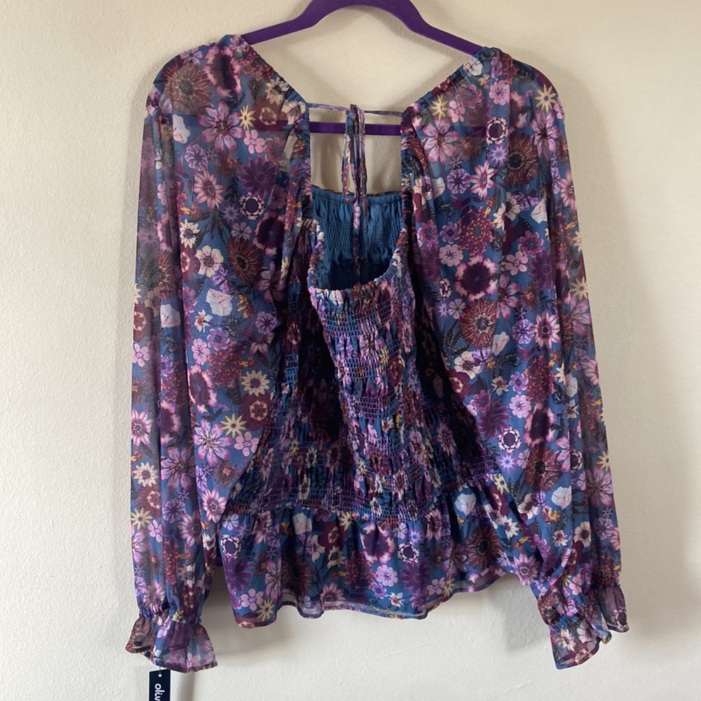 Blue Purple Floral Lauren Conrad Sheer Stretchy Top long sleeve 3x plus - Picture 5 of 7